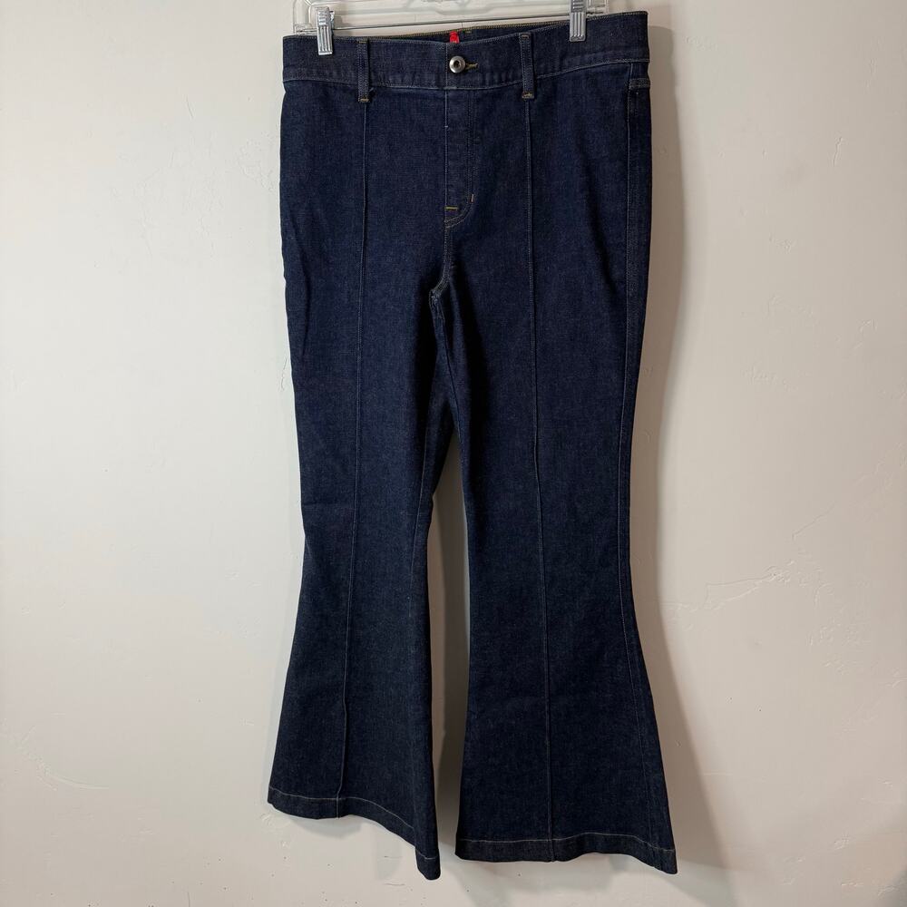 SPANX Women's Flare Jeans Pull On Pintuck‎ Raw Indigo Dark Wash Stretch Large